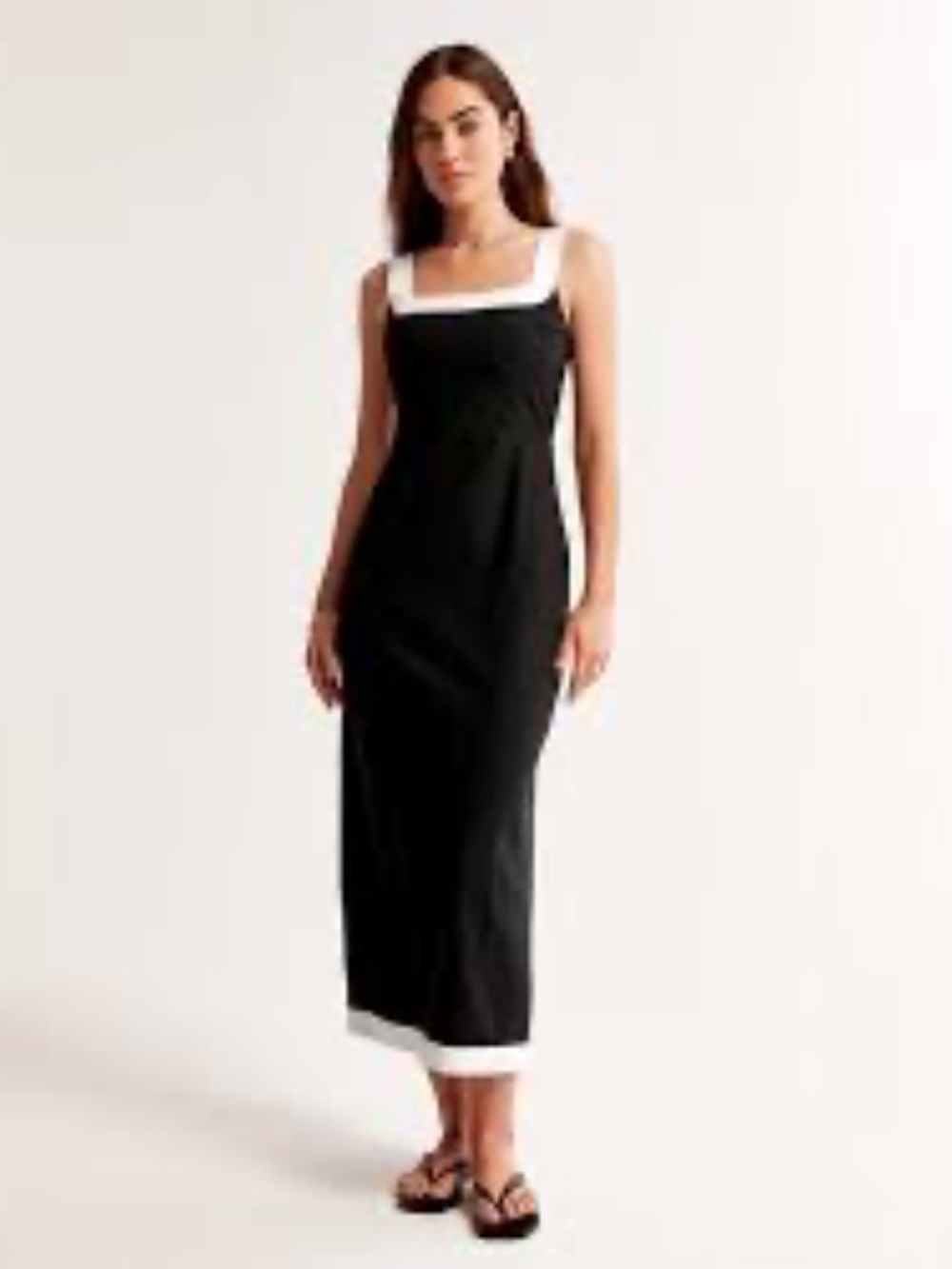 Abercrombie & Fitch Linen-Blend Squareneck  Maxi Dress with Cream Straps and Hem